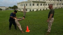 Staff Sgt. Paul J. Delekto observes as a Japanese security guard employs apprehension tactics during nonlethal weapons and level one oleoresin capsicum spray training aboard Camp Foster Aug. 14. According to Delekto, the security augmentation force instructor and staff noncommissioned officer with mobile training team, Provost Marshal’s Office, Marine Corps Base Camp Smedley D. Butler, Marine Corps Installations Pacific, nonlethal weapons training includes all weapons and techniques that are not inherently deadly, such as batons, defensive tactics, pepper-based spray, and mechanical-advantage control holds. 