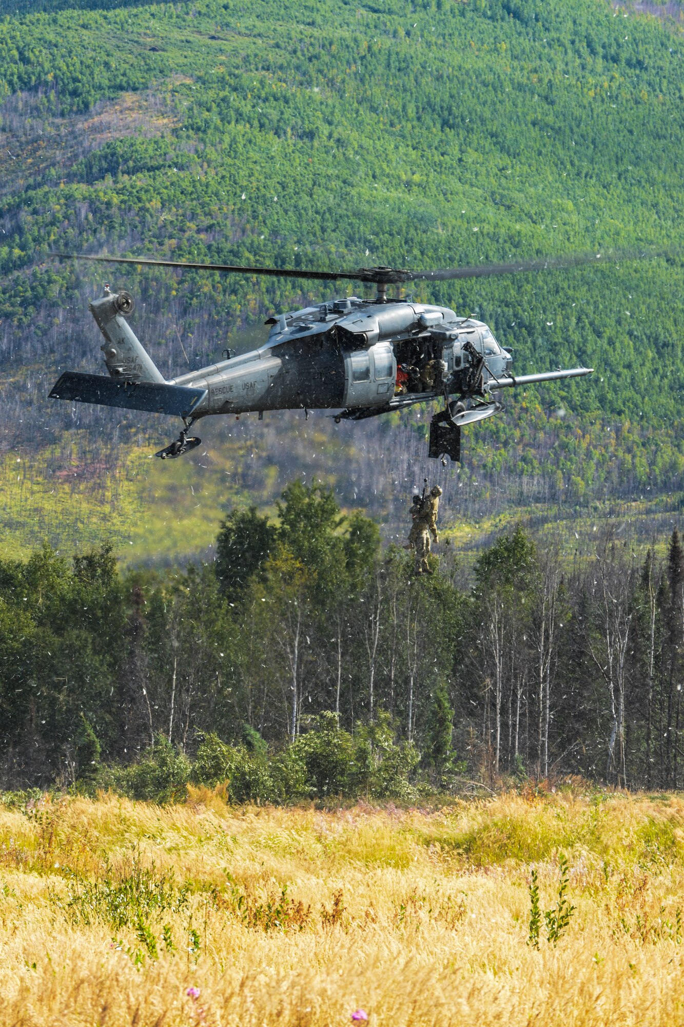 A U.S. Air Force HH-60G Pave Hawk helicopter assigned to the 210th Rescue Squadron, Joint Base Elmendorf-Richardson, Alaska, hovers as Airmen perform a rescue demonstration during RED FLAG-Alaska (RF-A) 15-3 Aug. 17, 2015, at the Joint Pacific Alaska Range Complex. The demonstration was for the Executive Observer Program, which is designed to present Pacific Air Force’s premier multinational large force employment exercise while building partnerships with senior airpower leaders from the global community. (U.S. Air Force photo by Senior Airman Ashley Nicole Taylor/Released)
