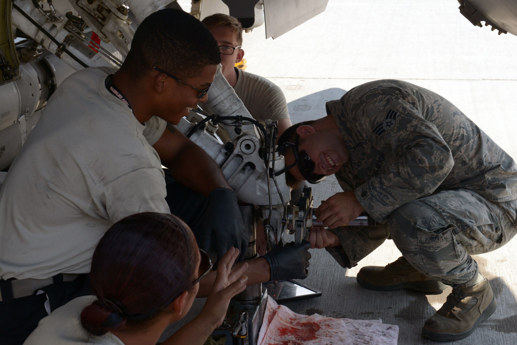 Maintainers assigned to the 20th Aircraft Maintanence Squadron, Shaw Air Force Base, S.C., perform a caliber test on an F-16 Fighting Falcon during Red Flag 15-4 at Nellis AFB, Nev., Aug. 19, 2015. Maintainers are responsible for overseeing the day-to-day maintenance of aircraft, including diagnosing malfunctions and replacing components, and conducting various inspections to ensure the aircraft is functioning properly. (U.S. Air Force photo by Airman 1st Class Mikaley Towle)