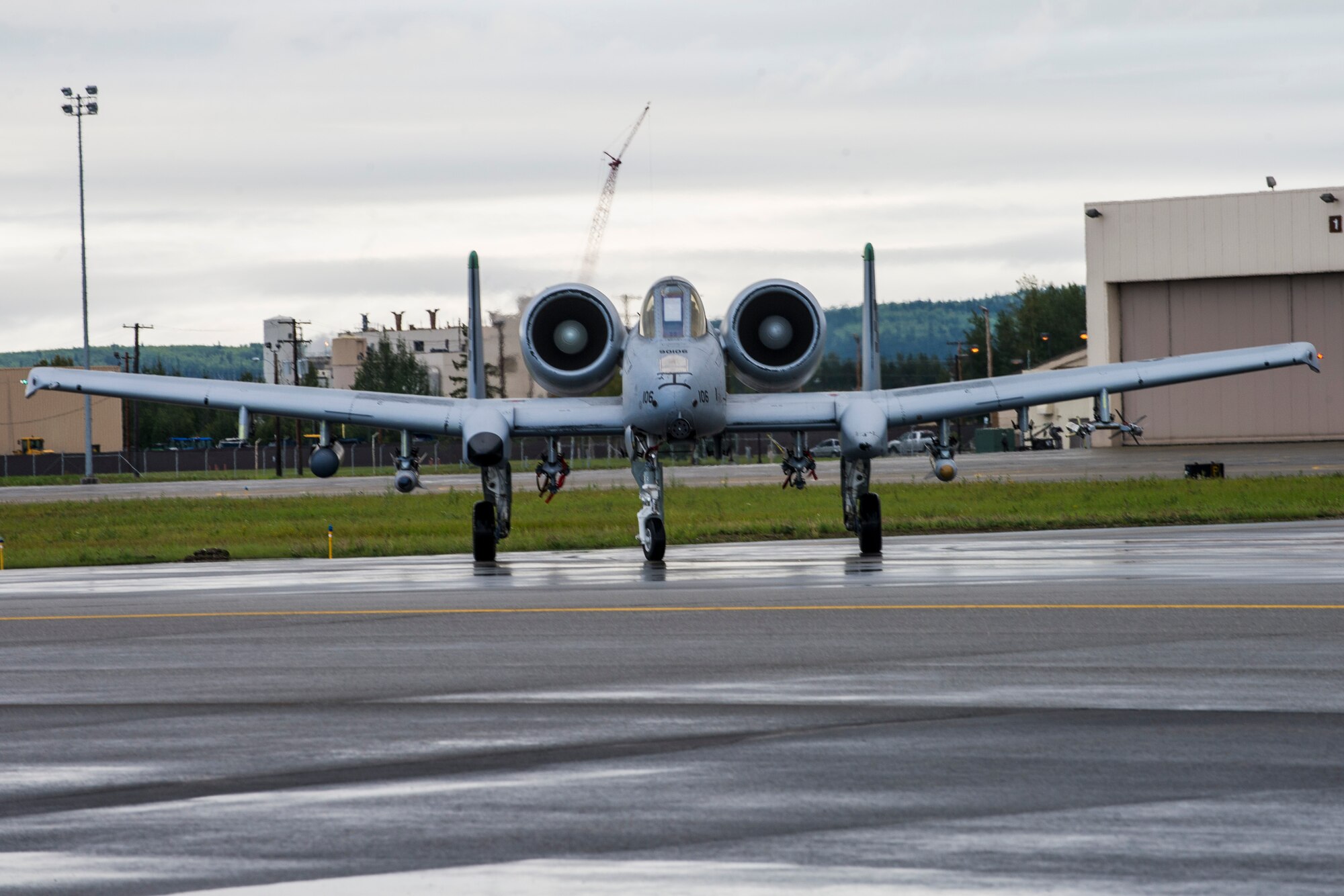 A U.S. Air Force A-10 Thunderbolt II aircraft assigned to the 25th Fighter Squadron from Osan Air Base, Republic of Korea, taxi on the Eielson Air Force Base, Alaska, flightline Aug. 20, 2015, during RED FLAG-Alaska (RF-A) 15-3. RF-A is a series of Pacific Air Forces commander-directed field training exercise for U.S. and partner nation forces, providing combined offensive counter-air, interdiction, close air support and large force employment training in a simulated combat environment. (U.S. Air Force photo by Staff Sgt. Joshua Turner/Released)