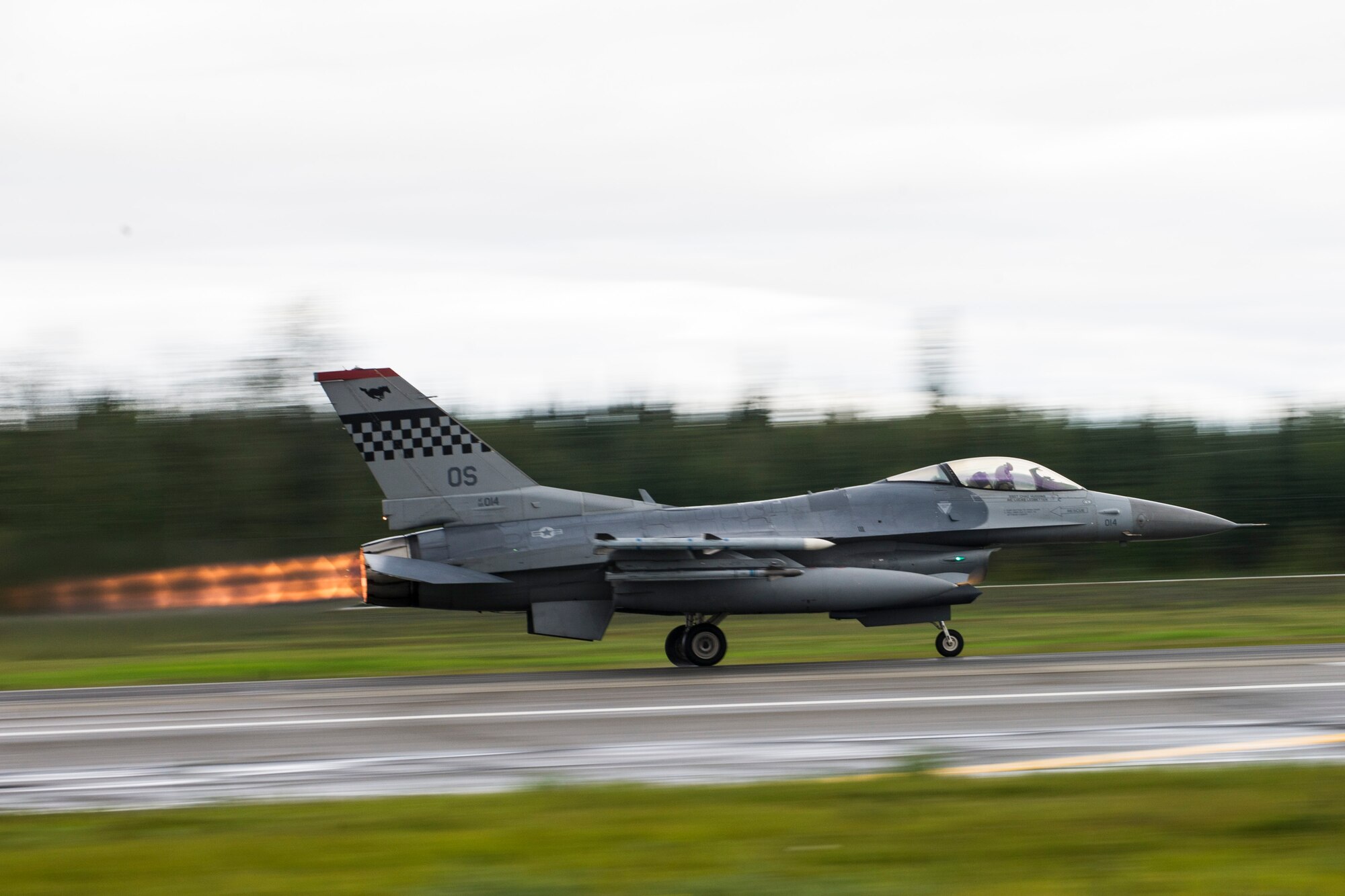 A U.S. Air Force F-16 Fighting Falcon assigned to the 36th Fighter Squadron from Osan Air Base, Republic of Korea, takes off from Eielson Air Force Base, Alaska, Aug. 20, 2015, during RED FLAG-Alaska (RF-A) 15-3. RF-A is a series of Pacific Air Forces commander-directed field training exercise for U.S. and partner nation forces, providing combined offensive counter-air, interdiction, close air support and large force employment training in a simulated combat environment. (U.S. Air Force photo by Staff Sgt. Joshua Turner/Released)