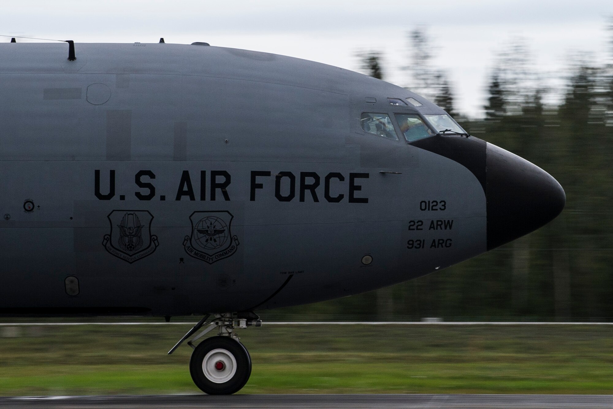 A U.S. Air Force KC-135 Stratotanker assigned to the 22nd Air Refueling Wing, McConnell Air Force Base, Kan., takes off from Eielson Air Force Base, Alaska, Aug. 20, 2015, during RED FLAG-Alaska (RF-A) 15-3. RF-A is a series of Pacific Air Forces commander-directed field training exercise for U.S. and partner nation forces, providing combined offensive counter-air, interdiction, close air support and large force employment training in a simulated combat environment. (U.S. Air Force photo by Staff Sgt. Joshua Turner/Released)