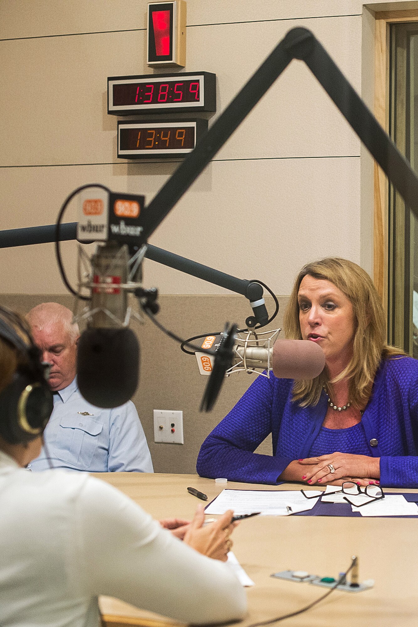 BOSTON -- Secretary of the Air Force Deborah Lee James is interviewed by National Public Radio affiliate WBUR’s Morning Edition Host Deb Becker in the studios at the news station Aug. 20. James discussed various topics, including the Air Force's role in the fight against ISIL, as well as her visits to bases to meet Airmen, including her current visit to Hanscom Air Force Base. (U.S. Air Force photo by Walter Santos)