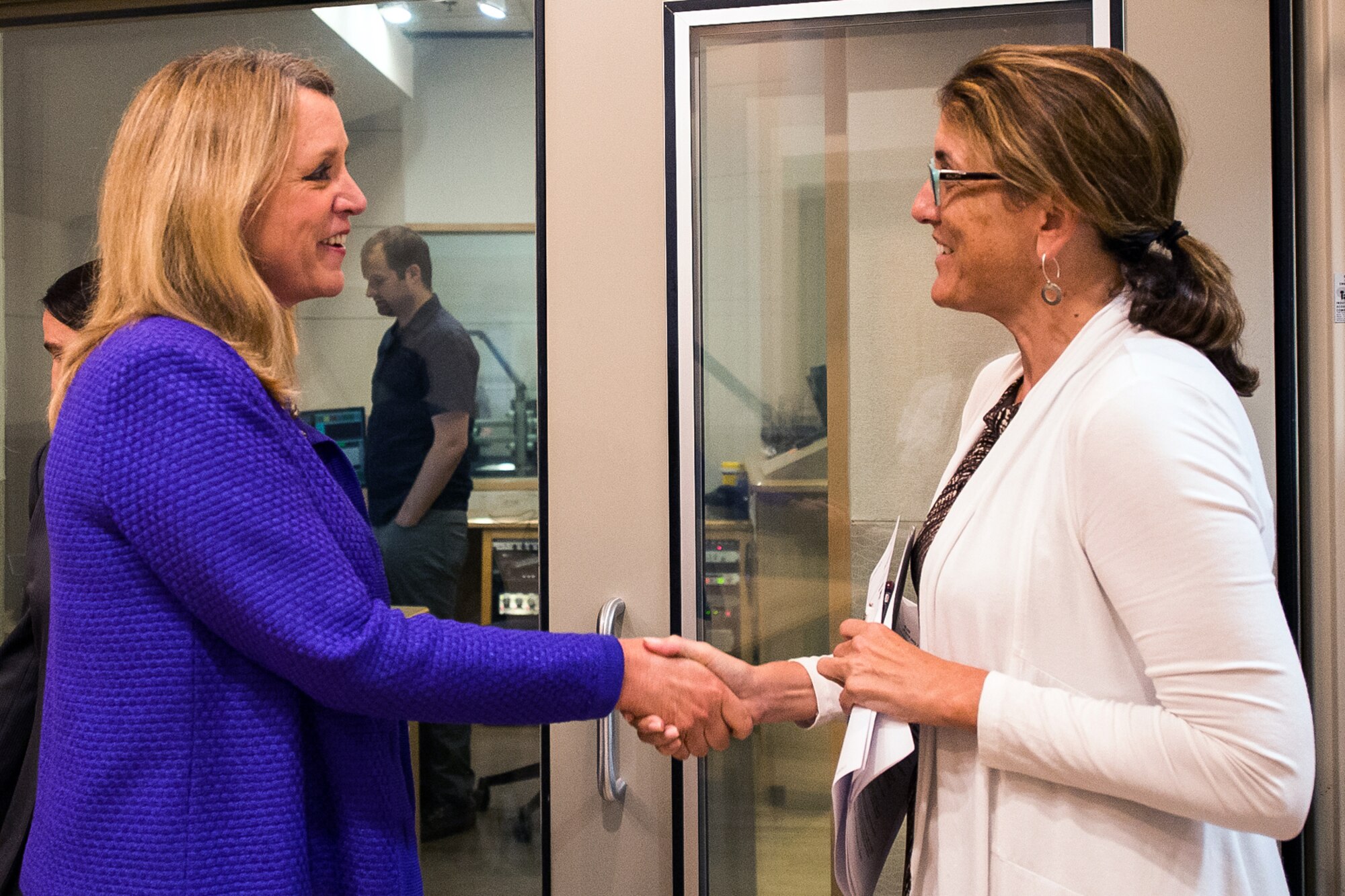 BOSTON -- Secretary of the Air Force Deborah Lee James is greeted by Deb Becker, National Public Radio affiliate WBUR Morning Edition host, prior to an interview at the news station Aug. 20. During the interview, James discussed various U.S. Air Force accomplishments and challenges. (U.S. Air Force photo by Walter Santos)