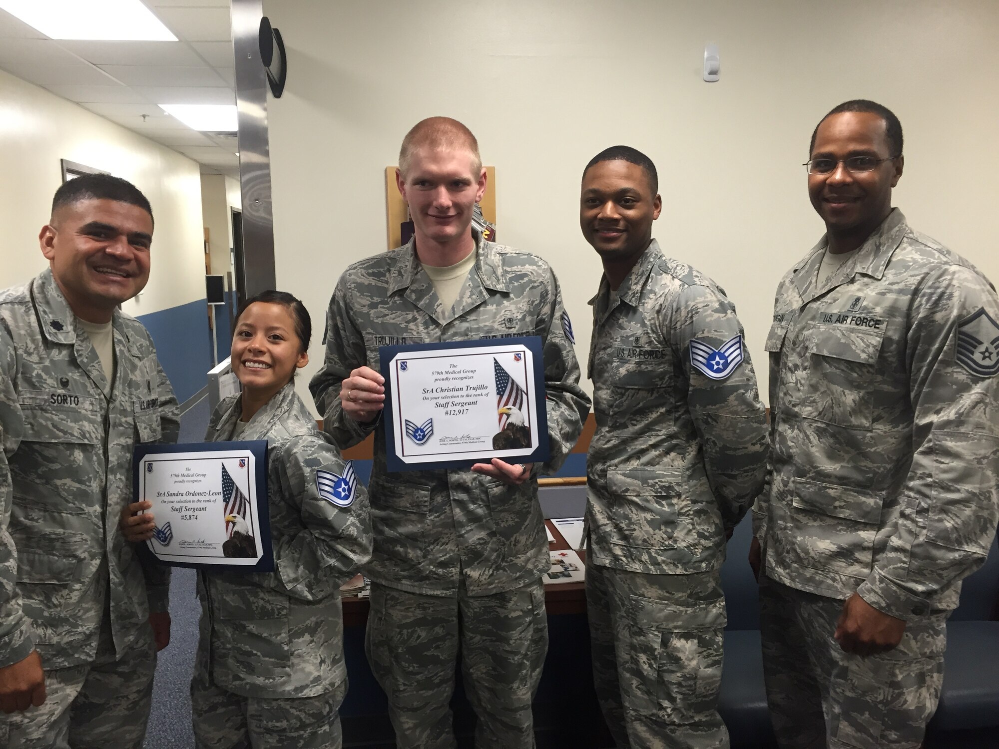 Forty members of the 79th Medical Wing were promoted to Staff Sergeant on Aug. 20. 

Air Force selected 13,269 for promotion to staff sergeant out of 39,260 considered during the 2015 E5 cycle, for a 33.8 percent selection rate.

This is the first staff sergeant promotion cycle to incorporate the Weighted Airman Promotion System changes, such as minimum promotion fitness examination and skills knowledge test scores, as well as lower time-in-service and time-in-grade.
