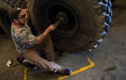 Robert Kolby, a mechanic with the Army Strategic Logistics Activity – Charleston, does maintenance on a M1120 Heavy Expanded Mobility Tactical Truck Load Handling System Aug. 20, 2015 at Joint Base Charleston, S.C. ASLAC provides the U.S. warfighter the ability to quickly generate combat power at any location designated by the National Command Authority by establishing, maintaining and reconstituting Army Prepositioned Stocks Afloat. (U.S. Air Force photo/Airman 1st Class Clayton Cupit)