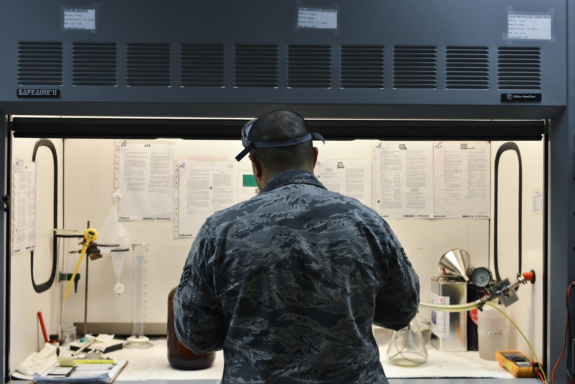 Staff Sgt. David Ramirez, 379th Expeditionary Logistic Readiness fuels laboratory, prepares to test jet petroleum 8 inside a laboratory August 18, 2015 at Al Udeid Air Base, Qatar. The base fuels laboratory at Al Udeid tests all petroleum that is used in aircraft, vehicles and generators throughout the installation to safeguard its quality, performance and safety. (U.S. Air Force photo/ Staff Sgt. Alexandre Montes)