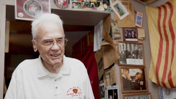 Arthur "Art" Petty, a Marine Vietnam veteran, stands in his Marine museum he created from a farm house on his property in Woodbury, Tennessee, June 19, 2015. Petty enlisted into the Marine Corps March 13, 1941 and retired at the rank of sergeant major.