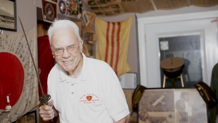 Arthur “Art” Orville Petty Jr., a Marine Vietnam veteran, holds a Japanese sword from World War II in his Marine museum he created from a farm house on his property in Woodbury, Tenn., June 19, 2015. Petty enlisted into the Marine Corps March 13, 1941 and retired at the rank of sergeant major. 