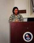 Master Sgt. Jen Griffiths, Airmen Leadership School commandant, speaks with Airmen during a ribbon cutting ceremony on Hurlburt Field, Fla., Aug. 17, 2015. The 823rd Red Horse Squadron and the 1st Special Operations Civil Engineering Squadron combined efforts to renovate an auditorium to meet increasing goals for student graduation sizes. (U.S. Air Force photo by Senior Airman Meagan Schutter/Released)