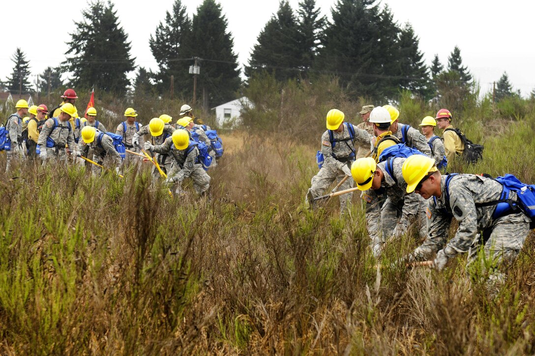 Soldiers practice techniques used to form a firebreak during firefighting training near Joint Base Lewis-McChord, Wash.,  Aug. 20, 2015. The soldiers are assigned to 5th Battalion, 3rd Field Artillery Regiment, 17th Field Artillery Brigade. The soldiers received two days of guidance, including classroom instruction and hands-on training, to prepare them to suppress wildfires burning across the Pacific Northwest. U.S. Army photo by Sgt. 1st Class Andrew Porch