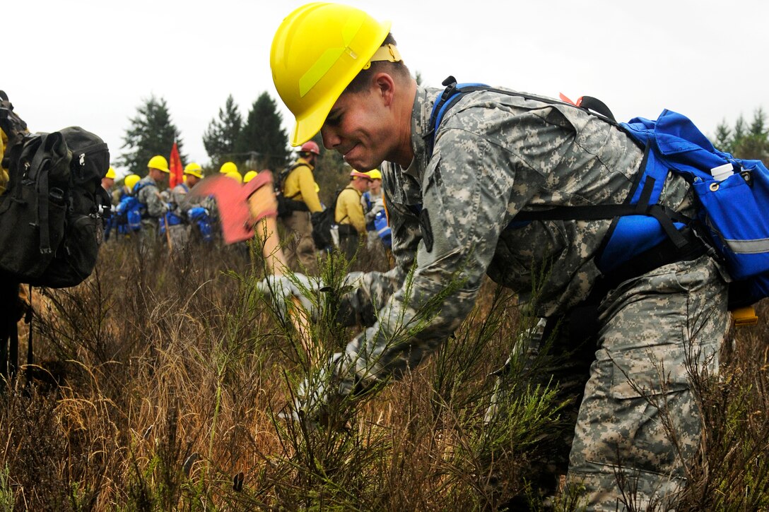 Army 1st Lt. Alex Johnson strikes down brush as part of training near Joint Base Lewis-McChord, Wash., Aug. 20, 2015. Johnson, a firefighting team leader, isassigned to 5th Battalion, 3rd Field Artillery Regiment, 17th Field Artillery Brigade. U.S. Army photo by Sgt. 1st Class Andrew Porch