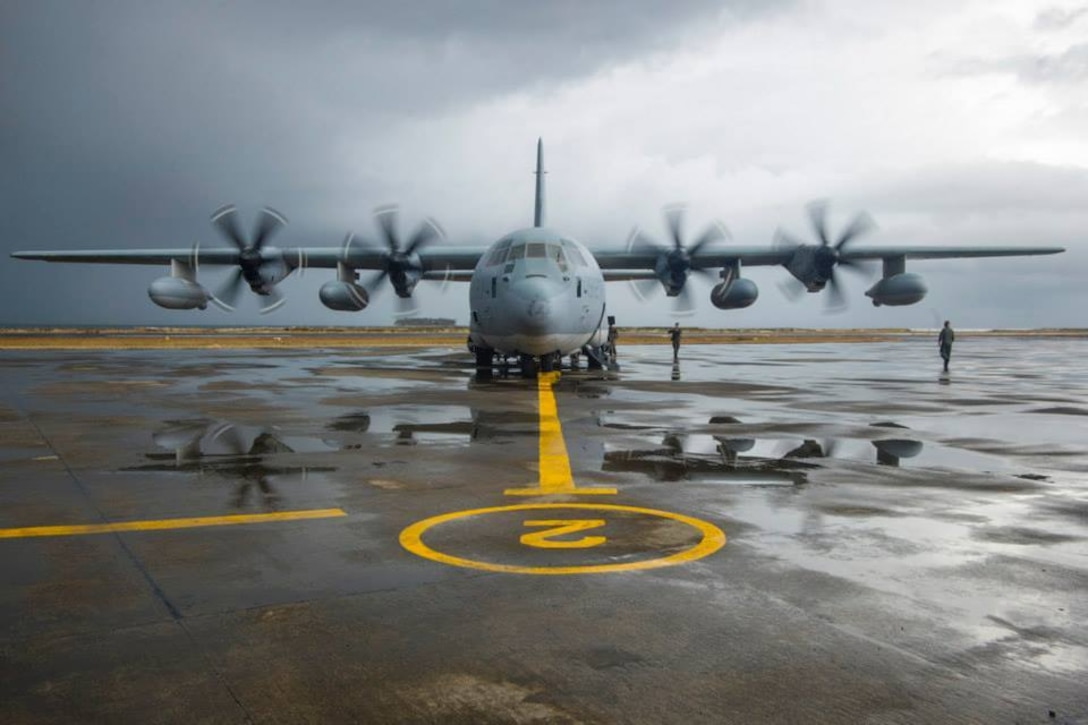 A Marine Corps KC-130 prepares to transport evacuees from Tacloban Air Base to the Manila area in support of Operation Damayan, the name for military relief efforts to help the population after 2013’s typhoon Haiyan. The Army I Corps' 593rd Expeditionary Sustainment Command supported the Marines' relief efforts. U.S. Navy photo by Petty Officer 3rd Class Ricardo R. Guzman