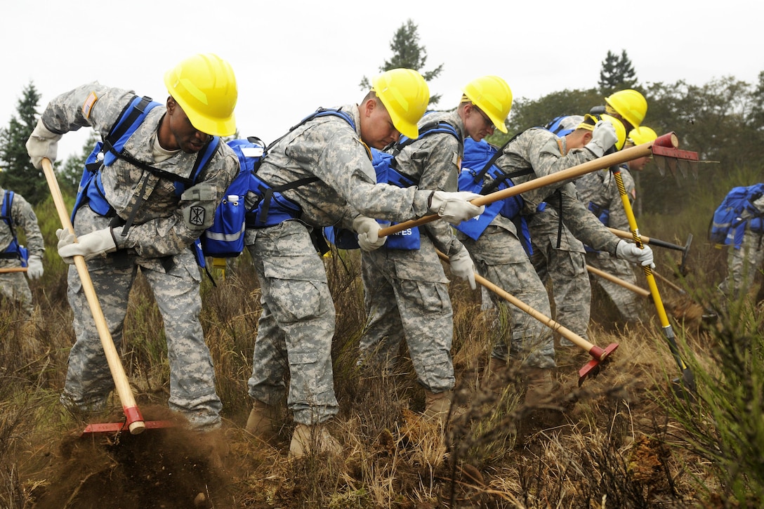 Soldiers practice techniques to form a fire break during firefighting training near Joint Base Lewis-McChord, Wash., Aug. 20, 2015. U.S. Army photo by Sgt. 1st Class Andrew Porch