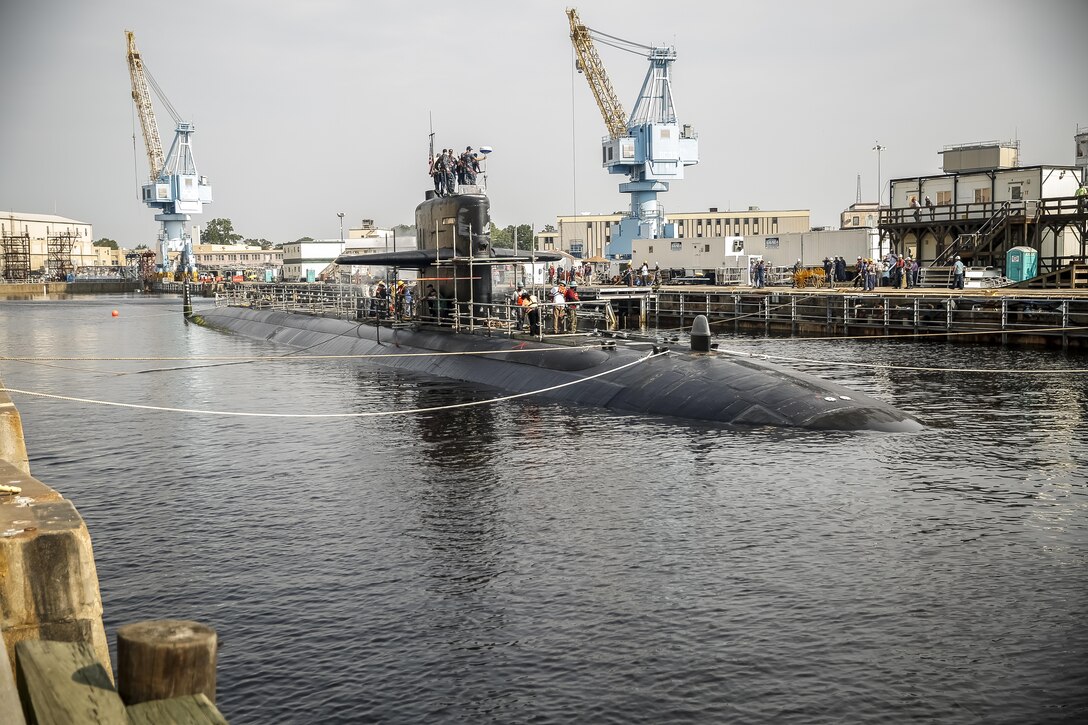 150721-N-MA158-014 (July 21, 2015) PORTSMOUTH, Va. - USS Helena is scheduled to receive technology upgrades that will include the installation of a modular framework of processors and consoles, high-resolution monitors, and large-screen displays.  
