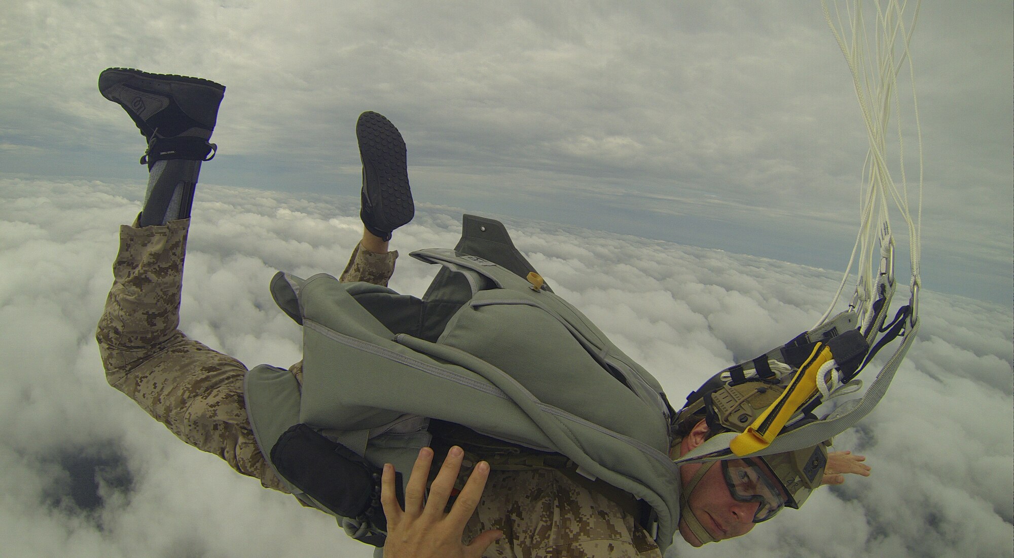 Tech. Sgt. Zachary Rhyner completed a final military freefall jump before he medically retired Aug. 21, 2015, due to wounds in sustained in combat that prevented mobility below the knee. Rhyner is an Air Force Cross recipient and Special Tactics combat controller attached to the 24th Special Operations Command. Rhyner served 11 years, resulting in three Purple Hearts and six deployments. (U.S. Air Force courtesy photo/Released)