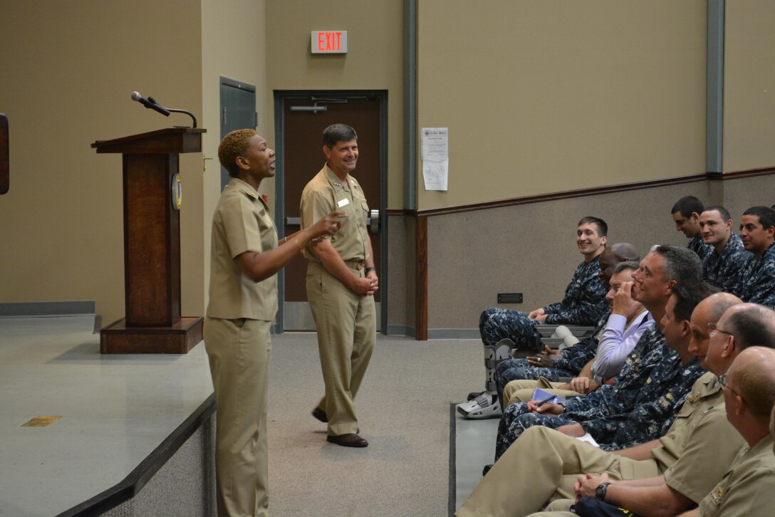 FLTCM April Beldo and VADM William Moran, Chief of Naval Personnel, hold an All Hands Call July 16 with the crew of Southeast Regional Maintenance Center at the ATG Auditorium.  The two leaders discussed issues such as uniform changes, physical fitness assessments, extended maternity leave and the importance of the work SERMC provides to the fleet to keep deployment schedules on track.  