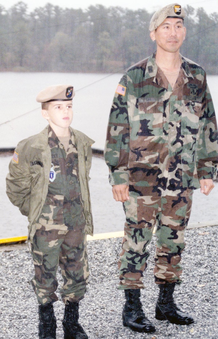 Evan Schneider (left), a Make-A-Wish Foundation recipient, stands with then-Col. K.K. Chinn, commander of the Ranger Training Brigade in 2004, as part of Schneider’s dream of becoming an Army Ranger. The two have stayed in touch over the years and recently reunited at Fort Sam Houston. Schneider is now a private first class in the California State Military Reserve and Maj. Gen. Chinn is the commanding general of U.S. Army South. 