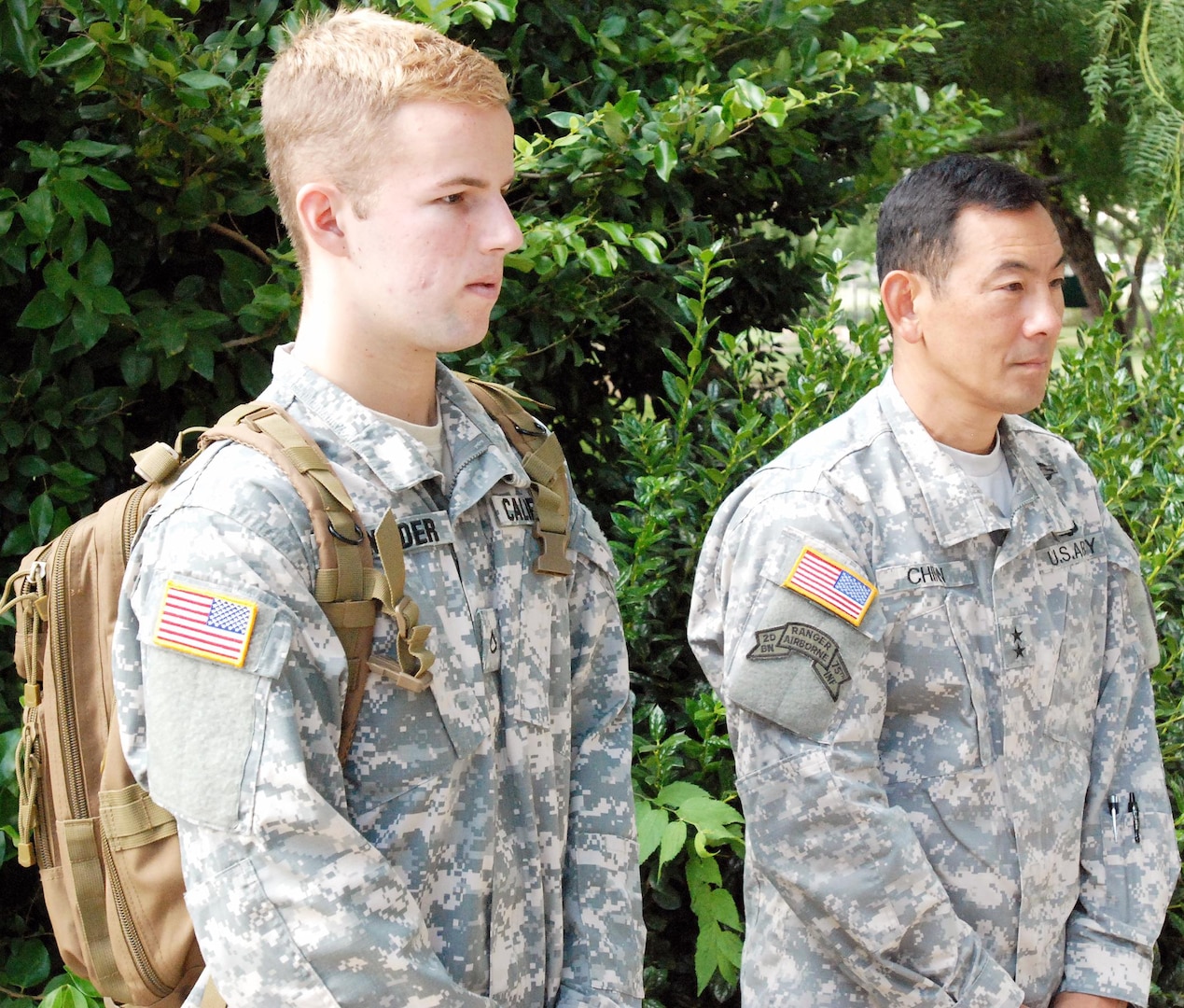 Pfc. Evan Schneider (left), former Make-A-Wish Foundation recipient and member of the California State Military Reserve, and Maj. Gen. K.K. Chinn, U.S. Army South commanding general, listen to a briefing at the Warrior and Family Support Center at Fort Sam Houston Aug. 7. Schneider and Chinn met more than a decade ago when Schneider’s wish was to become an Army Ranger. The two stayed in touch over the years. 