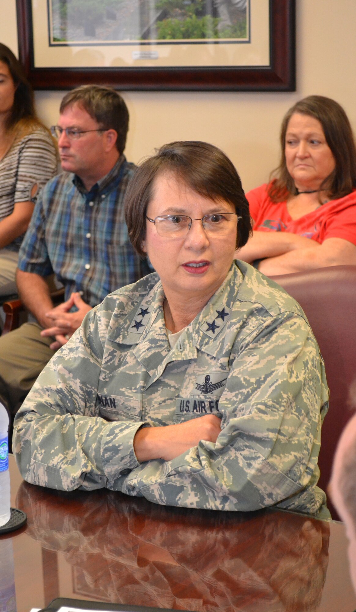 Maj. Gen. Sandra Finan, commander of the Air Force Nuclear Weapons Center at Kirtland Air Force Base, N. M., held a commander’s call with members of the Missile Sustainment Division during her Aug. 18 visit to Tinker Air Force Base. The general also received a program update on the Air Launched Cruise Missile program. (Air Force photo by Ron Mullan/Released)