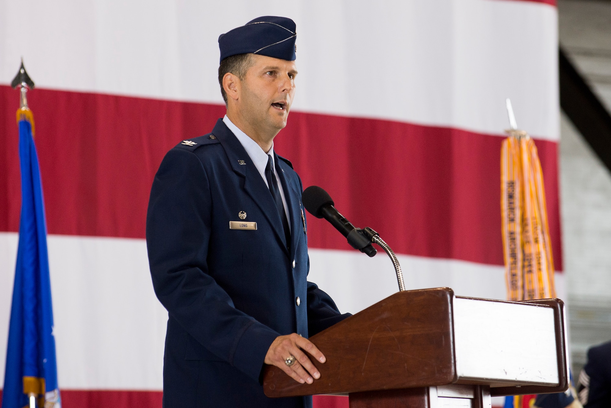 Col. Perry Long, 375th Operations Group commander, delivers his first speech to the Airmen of the 375th OG Aug. 14 during the change of command ceremony at Scott. (U.S. Air Force Photo by Senior Airman Megan Friedl)