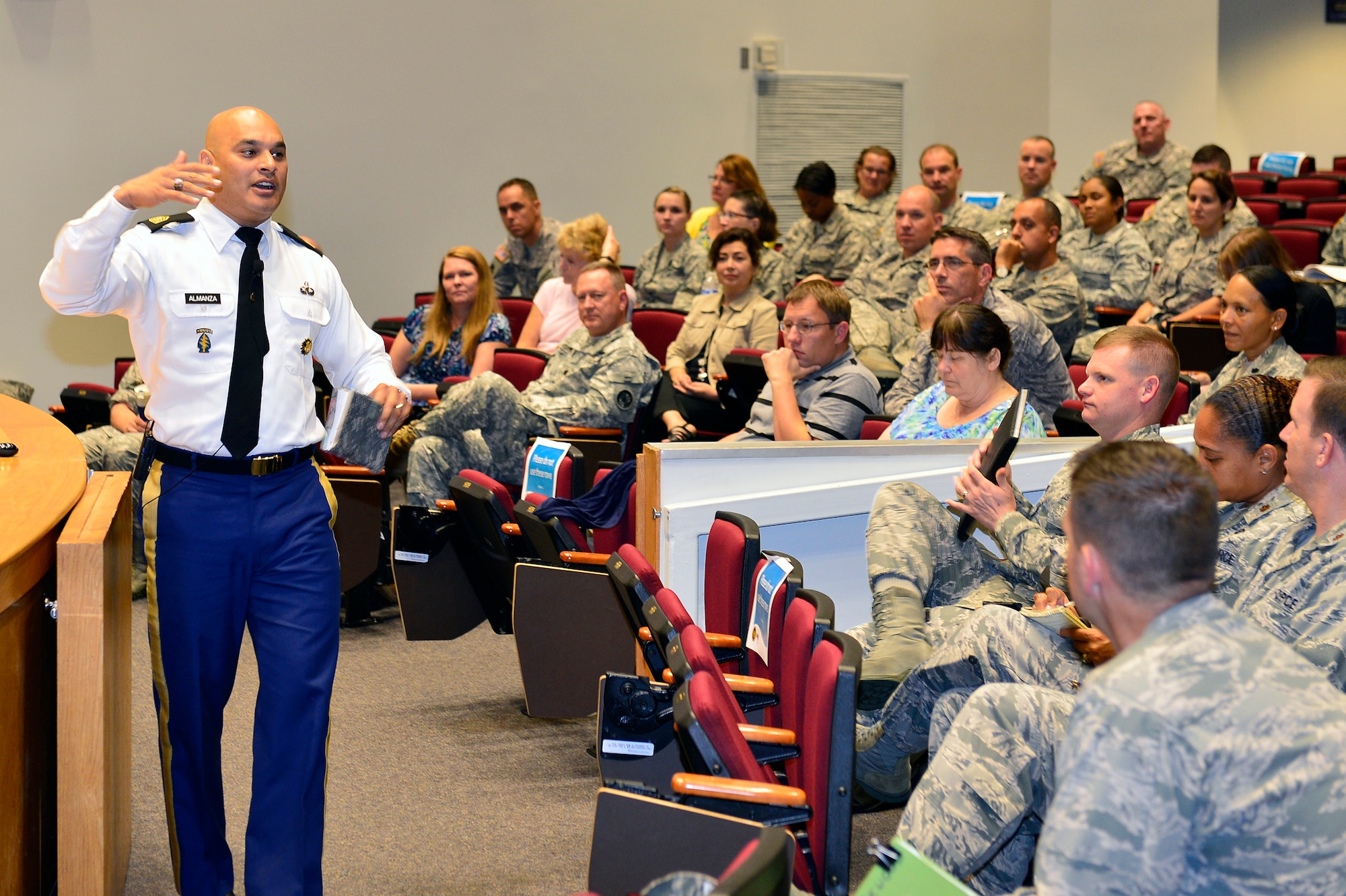 MCGHEE TYSON AIR NATIONAL GUARD BASE, Tenn. -  Army Sgt. Maj. Manuel Almanza, the senior enlisted adviser for the Special Assistant to the Chief, National Guard Bureau, shares his perspective on how enlisted members serve general officers here Aug. 20, 2015, during the General Officer Support Staff Course.  The Sergeant Major advises general officers on matters regarding enlisted personnel and serves as an enlisted liaison between the National Guard Bureau's joint staff and the Army and Air National Guard's readiness centers. (U.S. Air National Guard photo by Master Sgt. Jerry Harlan/Released)
