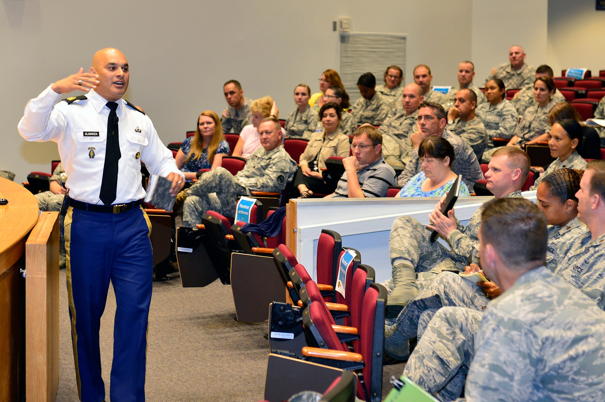 MCGHEE TYSON AIR NATIONAL GUARD BASE, Tenn. -  Army Sgt. Maj. Manuel Almanza, the senior enlisted adviser for the Special Assistant to the Chief, National Guard Bureau, shares his perspective on how enlisted members serve general officers here Aug. 20, 2015, during the General Officer Support Staff Course.  The Sergeant Major advises general officers on matters regarding enlisted personnel and serves as an enlisted liaison between the National Guard Bureau's joint staff and the Army and Air National Guard's readiness centers. (U.S. Air National Guard photo by Master Sgt. Jerry Harlan/Released)
