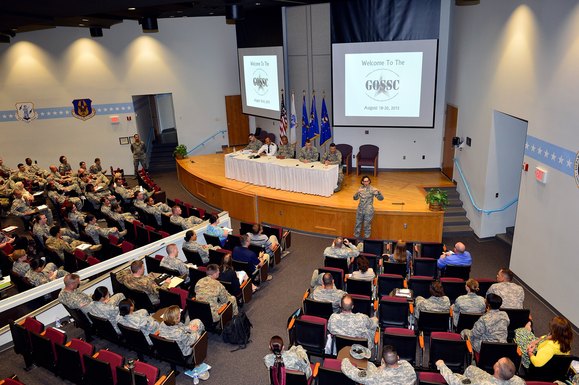MCGHEE TYSON AIR NATIONAL GUARD BASE, Tenn. -  Soldiers, Airmen, and civilians assigned to general officers in 35 states, territories and the District of Columbia attend a panel discussion at the I.G. Brown Training and Education Center here Aug. 20, 2015, during the General Officer Support Staff Course.  (U.S. Air National Guard photo by Master Sgt. Jerry Harlan/Released)
