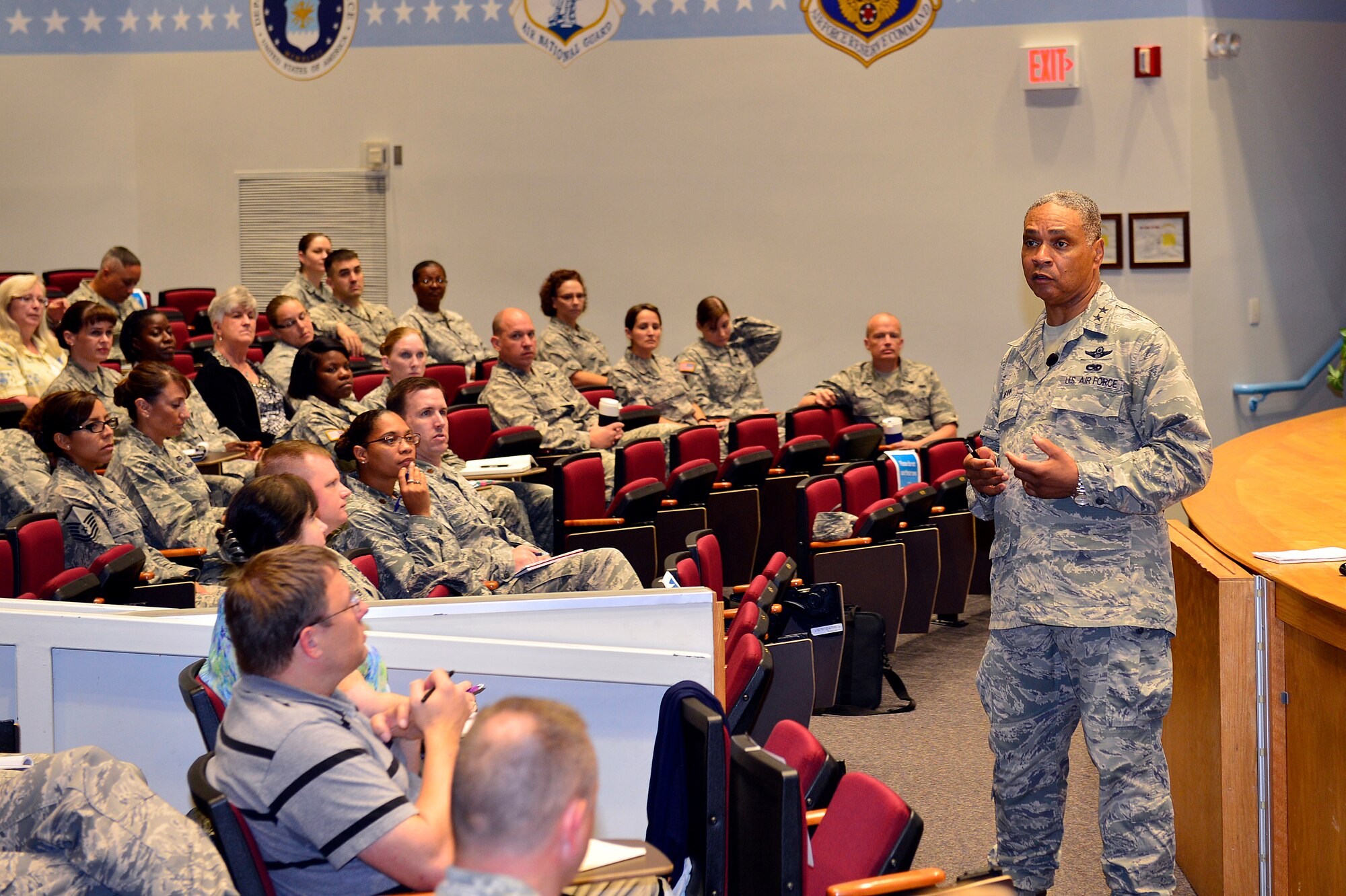 MCGHEE TYSON AIR NATIONAL GUARD BASE, Tenn. -  The Special Assistant to the Chief, National Guard Bureau, Air Force Maj. Gen. Garry C. Dean shares his perspective on general officer's needs during an hour-long lecture here Aug. 20, 2015, in the General Officer Support Staff Course at the I.G. Brown Training and Education Center. General Dean also joined a panel discussion made up of current and prior support staff from the Pentagon and the National Guard Bureau. (U.S. Air National Guard photo by Master Sgt. Jerry Harlan/Released)
