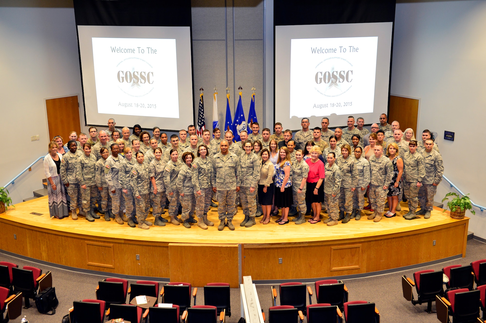 MCGHEE TYSON AIR NATIONAL GUARD BASE, Tenn. -  Soldiers, Airmen and civilians assigned to general officers in 35 states, territories and the District of Columbia, take a group photo here Aug. 19, 2015, with the National Guard's General Officer Support Staff Course facilitators. (U.S. Air National Guard photo by Master Sgt. Jerry Harlan/Released)
