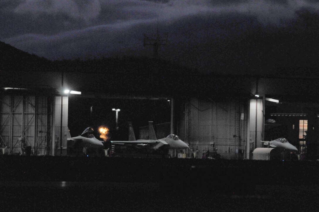 173rd Fighter Wing maintenance personnel prepare F-15 Eagles for launch during night flying operations at Kingsley Field May 12, 2015.  Night flying is an essential element of training for the student pilots who are learning to fly the eagle a the premiere F-15C schoolhouse for the United States Air Force.  (U.S. Air National Guard photo by Senior Airman Penny Snoozy/Released)