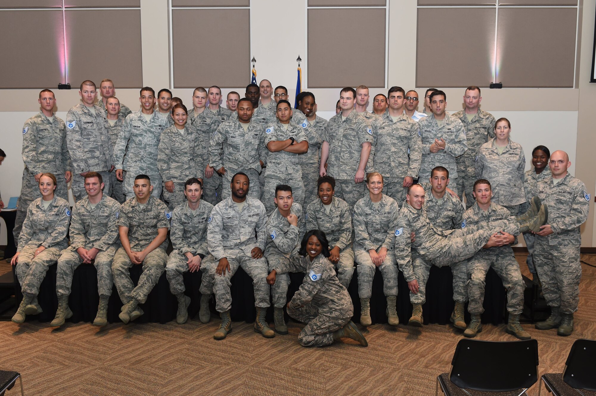 87 Team Buckley senior airmen were notified of their selection for promotion to staff sergeant August 20, 2015, during the staff sergeant release party on Buckley Air Force Base, Colo. The Air Force selected 13,269 Airmen out of 39,260 for promotion during the 15E5 cycle, for a 33.8 percent selection rate. (U.S. Air Force photo by Airman 1st Class Samantha Meadors/Released)