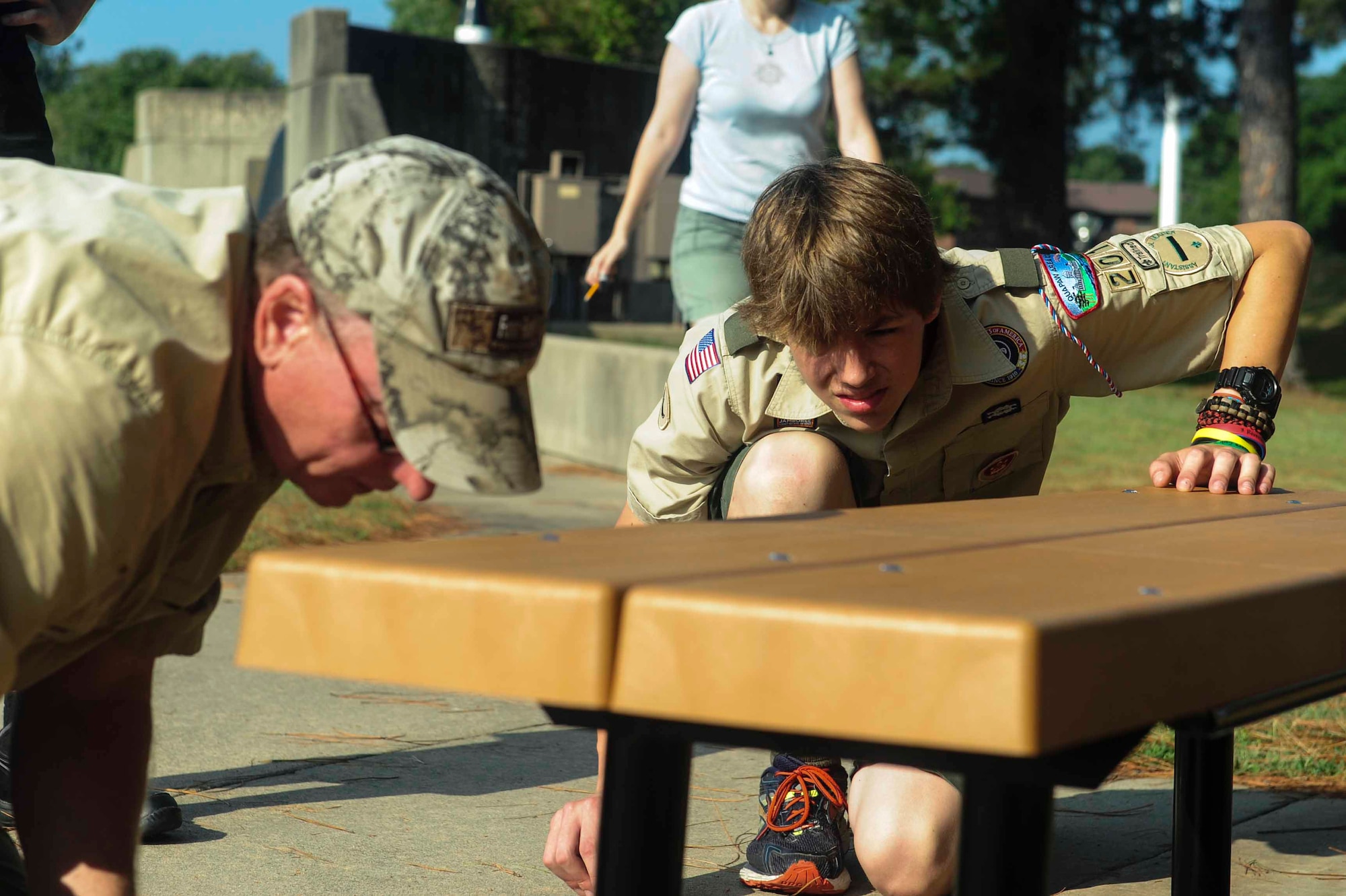 David places a bench in Heritage Park Aug. 8, 2015, for his Eagle Scout project. David raised approximately $1,000 and spent more than 150 hours to enhance visits at the park. (U.S. Air Force photo by Senior Airman Kaylee Clark)