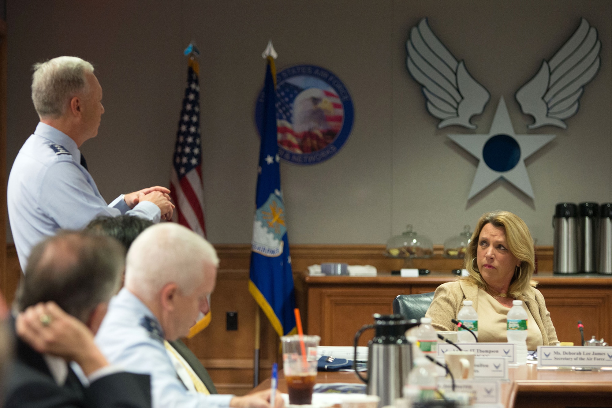 Air Force Life Cycle Management Center Commander Lt. Gen. John Thompson provides an LCMC mission overview to Secretary of the Air Force Deborah Lee James during a visit here Aug. 21. In addition to the LCMC overview, the secretary and members of the Mass. congressional delegation received mission overviews from C3I and Networks and Battle Management Directorates, 66th Air Base Group and the Mass. National Guard. (U.S. Air Force photo by Mark Herlihy)