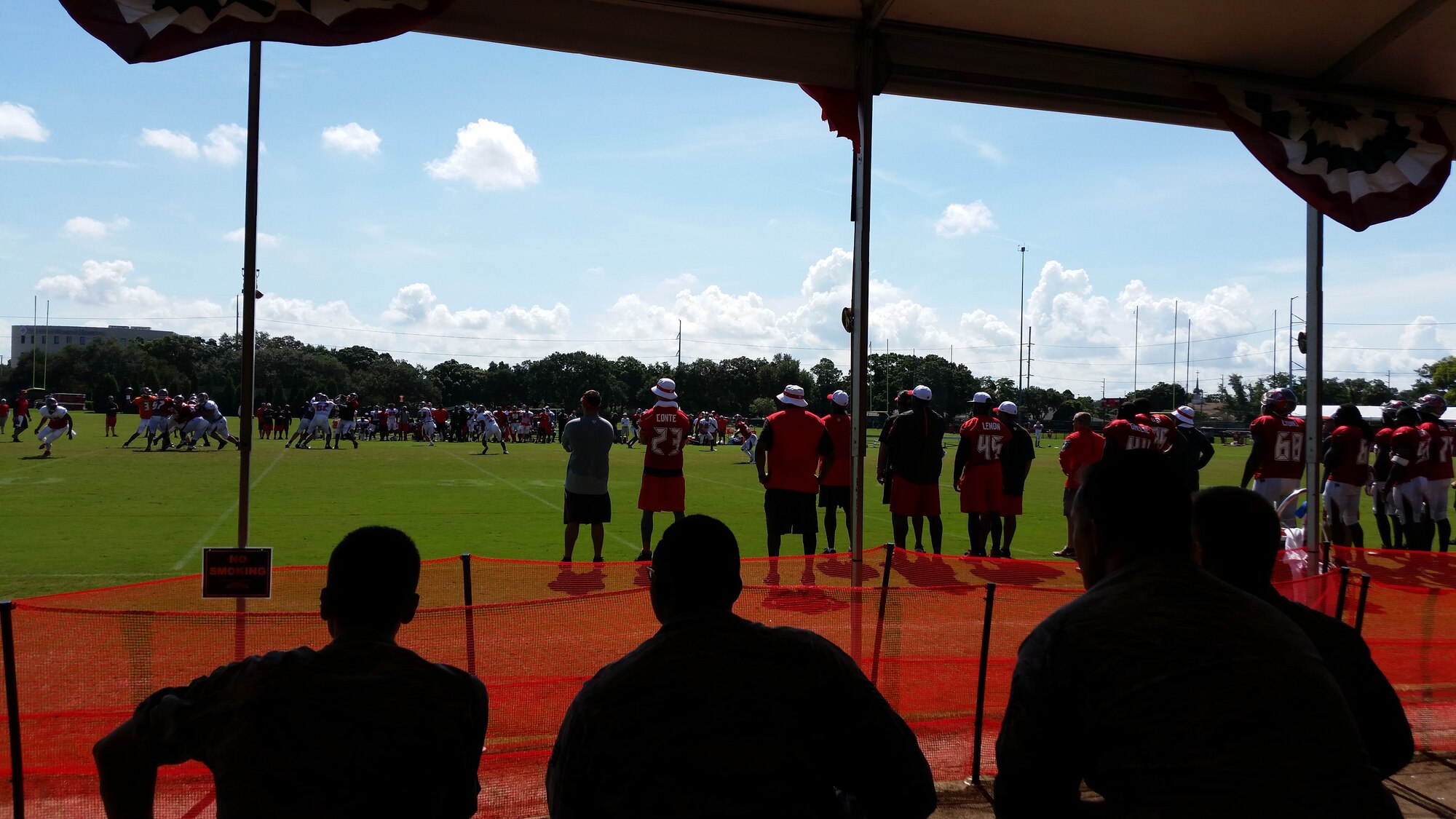 Military members from MacDill Air Force Base showed up in force to cheer on their hometown team, the Tampa Bay Buccaneers. Closed to the general public, the Bucs opened their gates and completed their final day of training camp with a Salute to the Military. (U.S. Air Force Photo/Tech. Sgt. Peter Dean)