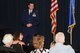 Lt. Col. Mark Richey addresses the crowd after assuming command of the Air Force Reserve Command’s 302nd Operations Support Squadron Aug. 2, 2015. Richey is a command pilot with more than 4,400 flying hours and 675 combat sorties. (U.S. Air Force photo/Senior Airman Amber Sorsek) 