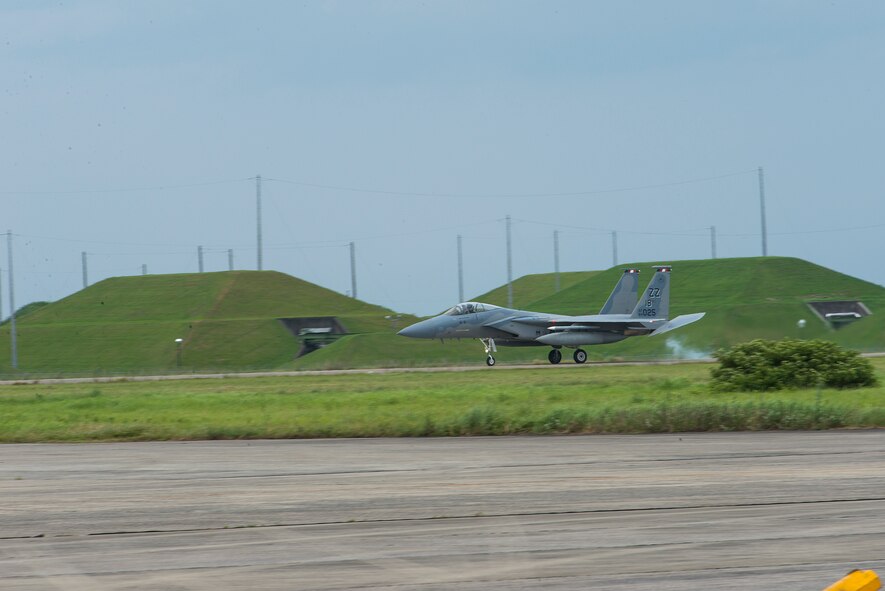 U.S. Air Force Lt. Col. Kevin Jamieson, 44th Fighter Squadron commander, lands at at Tsuiki Air Base, Japan, Aug. 21, 2015. The 44th came to Tsuiki to participate in a two week long Aviation Training Relocation with Japan Air Self-Defense Force. (U.S. Air Force photo by Senior Airman Stephen G. Eigel