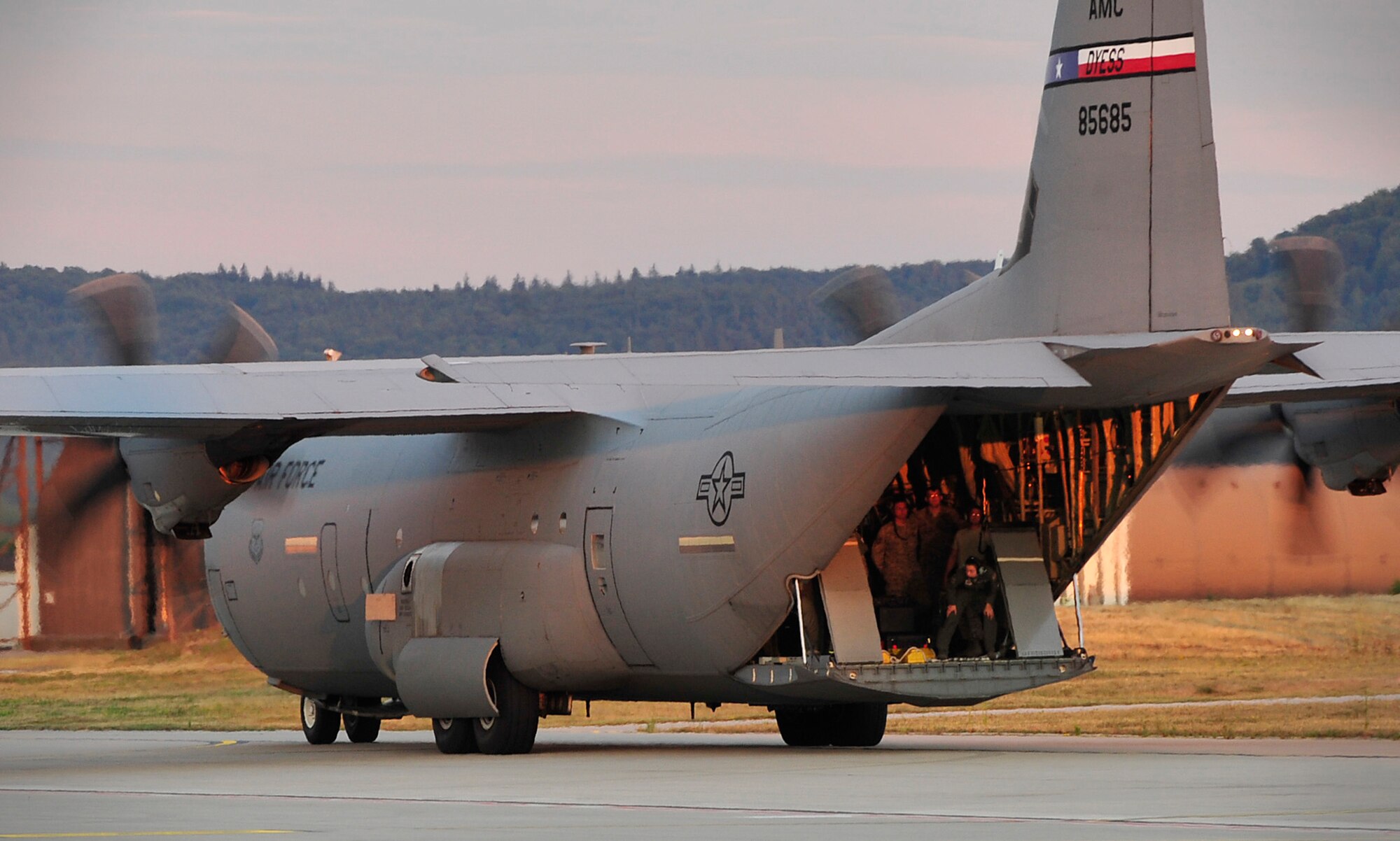 A C-130J Super Hercules, cargo aircraft from Dyess Air Force Base taxis on the flightline for the start of Exercise Swift Response 15, at Ramstein Air Base, Germany, Aug. 19, 2015. Exercise Swift Response 2015 is a joint and combined certification training event integrating multinational Brigade Task Forces from 11 NATO nations to include the U.S., Germany, Italy, United Kingdom and Greece. The multi-national exercise will be held at training locations in Germany, Italy, Romania and Bulgaria. (U.S. Air Force photo/Airman 1st Class Larissa Greatwood)