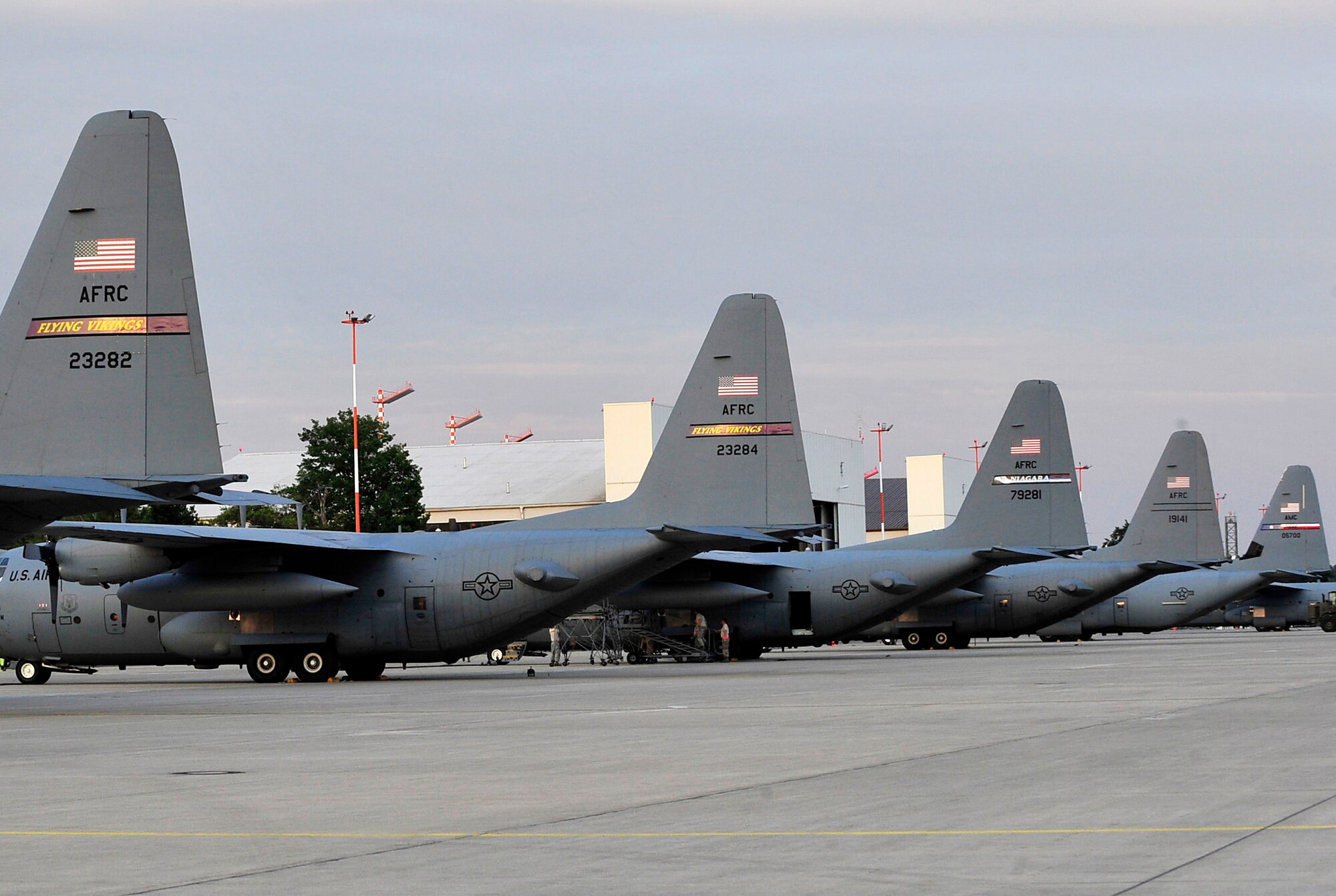 Airframes sit on the runway after arriving from Minneapolis-Saint Paul International Airport, Niagara Falls Air Reserve Station and Dyess Air Force base to participate in exercise Swift Response 2015, Aug. 19, 2015, at Ramstein Air Base, Germany. Swift Response 2015 is a joint and combined certification training event integrating multinational Brigade Task Forces from 11 NATO nations to include the U.S., Germany, Italy, United Kingdom and Greece. (U.S. Air Force photo/Airman 1st Class Larissa Greatwood)