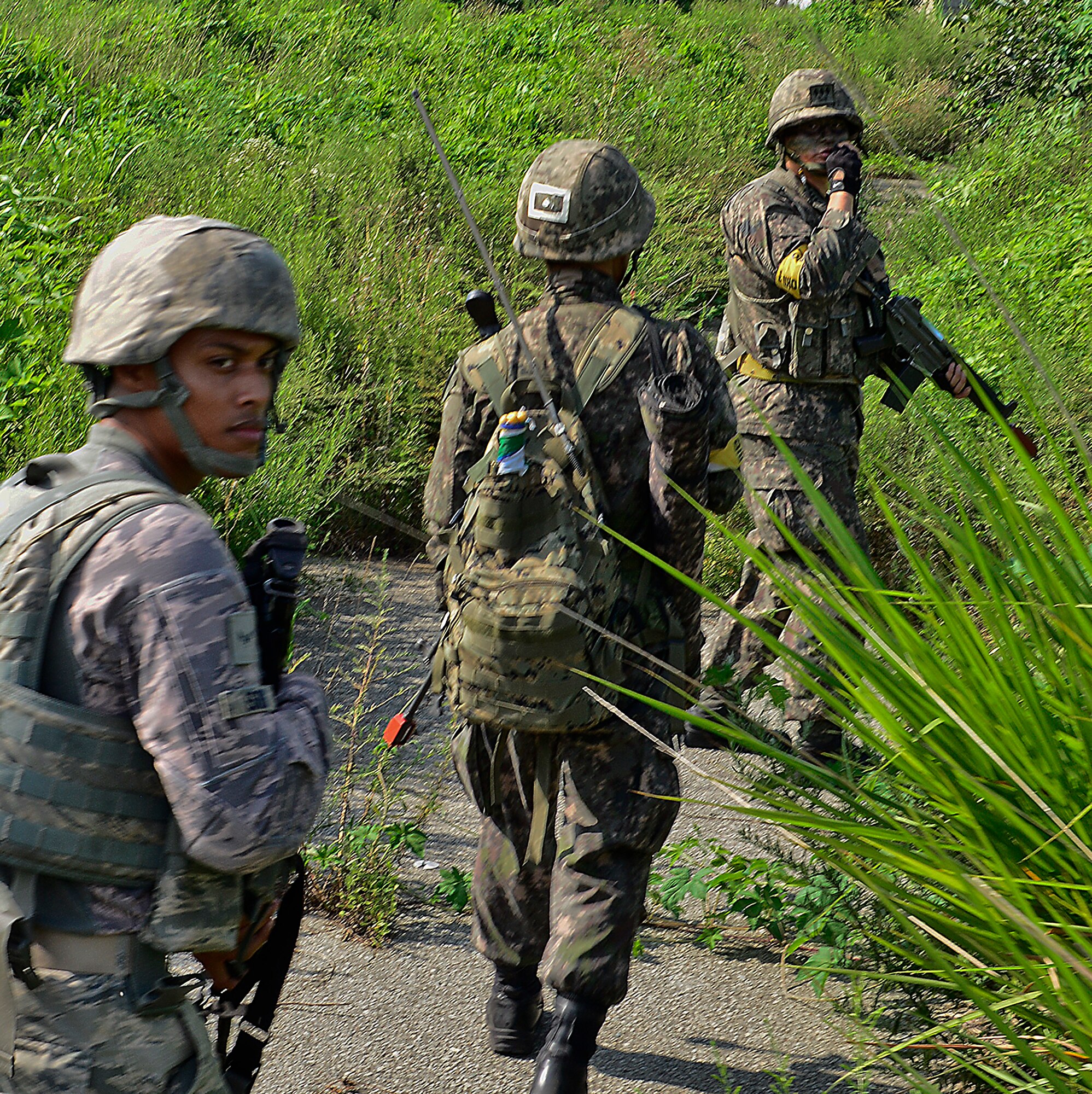Airman 1st Class Donte Estes, 51st Security Forces Squadron patrolman, and Republic of Korea army soldiers from the 4th Battalion 169th Regiment, search for opposition forces role players during a joint mission as part of readiness exercise Beverly Midnight 15-03 in a training area outside Osan Air Base, ROK, Aug. 18, 2015. The mission required integrated communication between the two nations to simulate real-world conditions in the event of enemy attack. (U.S. Air Force photo/Senior Airman Kristin High)