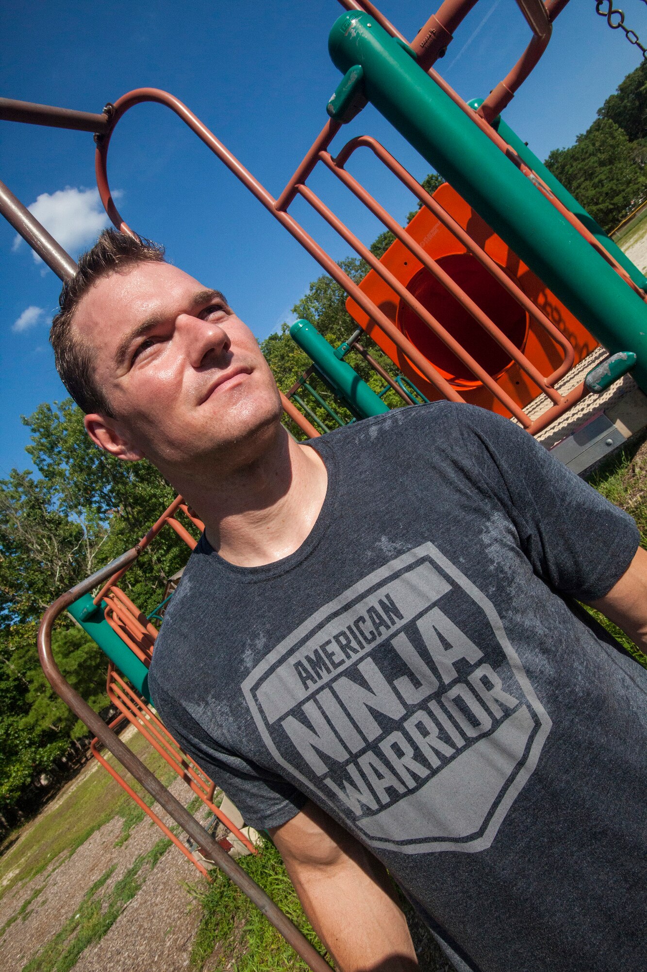 Portrait of Tech. Sgt. Justin B. Gielski while training to compete on the TV show “American Ninja Warrior” at a playground near his home in Medford, N.J., Aug. 21, 2015. Gielski placed fifth in the all-military city final on the TV show and advanced to the finals in Las Vegas. Gielski is a loadmaster with the 150th Special Operations Squadron, 108th Wing, New Jersey Air National Guard, located at Joint Base McGuire-Dix-Lakehurst, N.J. (U.S. Air National Guard photo by Master Sgt. Mark C. Olsen/Released)