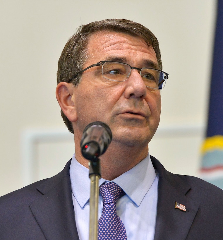 U.S. Defense Secretary Ash Carter delivers remarks during a troop event at U.S. Africa Command headquarters in Stuttgart, Germany, June 4, 2015. Carter is completing an 11-day trip that included stops in Hawaii, Singapore, Vietnam, India and Germany. DoD photo by Glenn Fawcett