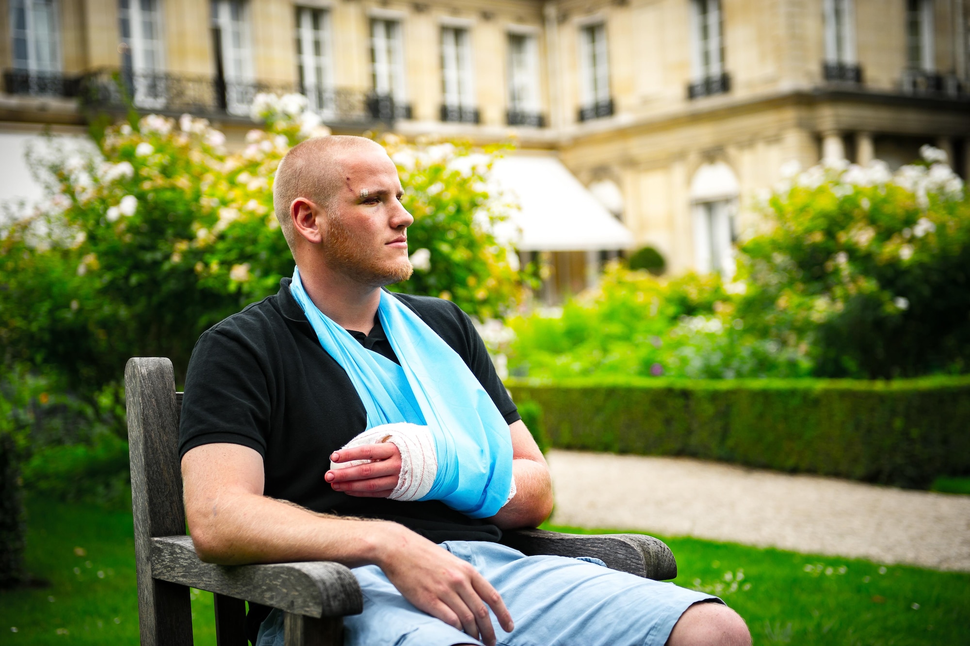 Airman 1st Class Spencer Stone along with Jane D. Hartly,  the U.S. ambassador to France, and his two friends speak at a press conference in Paris Aug. 23, 2015, following a foiled attack on a French train. Stone was on vacation with his childhood friends, Aleksander Skarlatos and Anthony Sadler, when an armed gunman entered their train carrying an assault rifle, a handgun and a box cutter. The three friends, with the help of a British passenger, subdued the gunman after his rifle jammed. Stone’s medical background prepared him to begin treating wounded passengers while waiting for the authorities to arrive. Stone is an ambulance service technician assigned to the 65th Medical Operations Squadron stationed at Lajes Field, Azores. (U.S. Air Force photo/Tech. Sgt. Ryan Crane)
