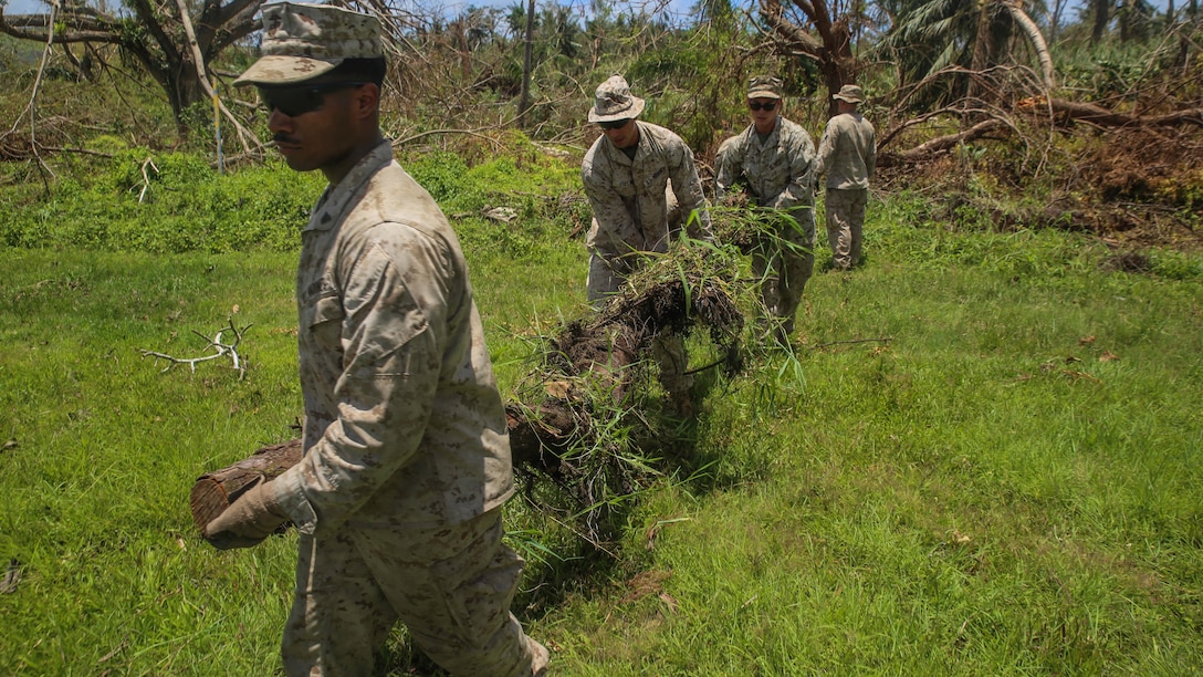 U.S. Marines clear debris at a high school as part of a typhoon relief mission in Saipan Aug. 12, 2015. The Marines with Echo Company, Battalion Landing Team 2nd Battalion, 5th Marines, 31st Marine Expeditionary Unit and Combat Logistics Battalion 31, 31st MEU, assisted the locals of Saipan by clearing debris from several schools. The Marines and sailors of the 31st MEU were conducting training near the Mariana Islands when they were redirected to Saipan after the island was struck by Typhoon Soudelor Aug. 2-3.