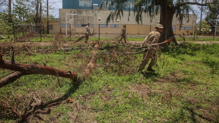 U.S. Marines clear debris at a high school as part of a typhoon relief mission in Saipan, Aug. 12, 2015 The Marines with Echo Company, Battalion Landing Team 2nd Battalion, 5th Marines, 31st Marine Expeditionary Unit and Combat Logistics Battalion 31, 31st MEU, assisted the locals of Saipan by clearing debris from several schools. The Marines and sailors of the 31st MEU were conducting training near the Mariana Islands when they were redirected to Saipan after the island was struck by Typhoon Soudelor Aug. 2-3. 