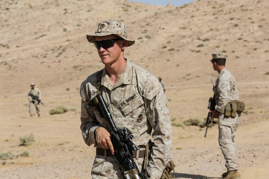 Southwest Asia (Aug. 18, 2015) U.S. Marine Lance Cpl. Bryan Aldendifer leads a patrol as his fire team practices immediate action drills. Aldendifer is a team leader With India Company Battalion Landing Team 3rd Battalion, 1st Marine Regiment, 15th Marine Expeditionary Unit.  Aldendifer is responsible for employing his team and ensuring they are qualified and trained. The 15th MEU is deployed throughout Southwest Asia to maintain regional security in the U.S. 5th Fleet area of operations. (U.S. Marine Corps photo by Sgt. Jamean Berry/Released)