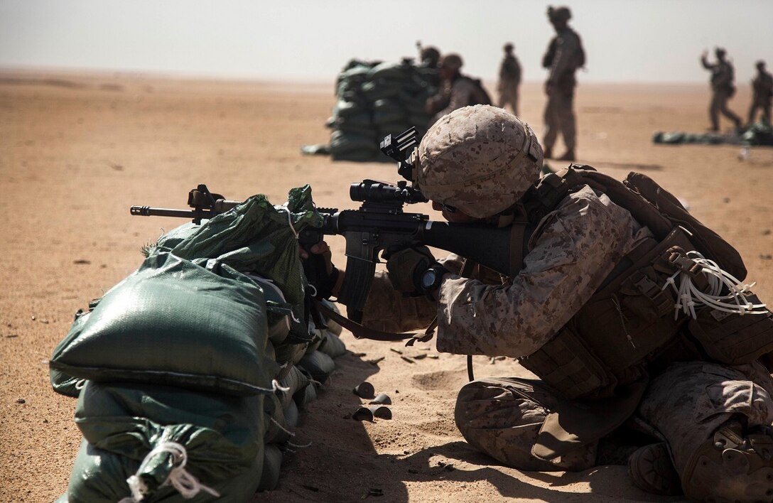 U.S. Marines with Lima Company, Battalion Landing Team 3rd Battalion, 1st Marine Regiment, 15th Marine Expeditionary Unit (MEU), provide suppressive fire in support of a grenade launch. Elements of the 15th MEU are ashore in Kuwait for sustainment training to maintain and enhance the skills they developed during their pre-deployment training period. The 15th MEU is embarked on the Essex Amphibious Ready Group and deployed to maintain regional security in the U.S. 5th Fleet area of operations. (U.S. Marine Corps photo by Cpl. Elize McKelvey/Released)