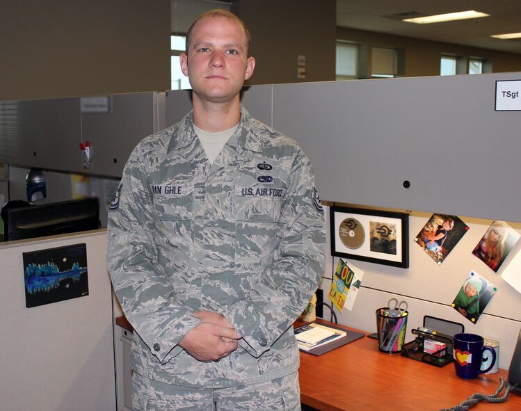 Tech. Sgt. Robert Van Ghle works as an NCO in charge of board operations Aug. 24, 2015, at the Air Reserve Personnel Center on Buckley Air Force Base, Colo. Van Ghle plays drums in the local heavy Christian rock band ofDavid. (U.S. Air Force photo/Tech. Sgt. Rob Hazelett)