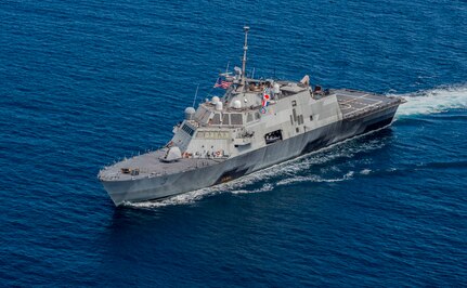 SULU SEA (Aug. 19, 2015) - The littoral combat ship USS Fort Worth (LCS 3) transits in formation with ships from the Royal Malaysian navy as part of Cooperation Afloat Readiness and Training (CARAT) Malaysia 2015. CARAT is an annual, bilateral exercise series with the U.S. Navy, U.S. Marine Corps and the armed forces of nine partner nations. 