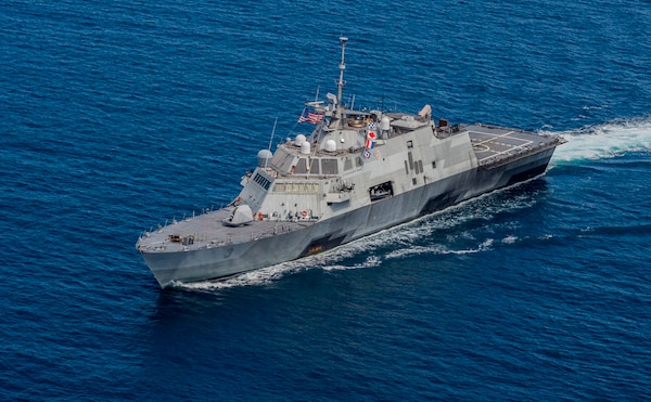 SULU SEA (Aug. 19, 2015) - The littoral combat ship USS Fort Worth (LCS 3) transits in formation with ships from the Royal Malaysian navy as part of Cooperation Afloat Readiness and Training (CARAT) Malaysia 2015. CARAT is an annual, bilateral exercise series with the U.S. Navy, U.S. Marine Corps and the armed forces of nine partner nations. 